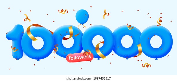 100000 followers thank you 3d blue balloons and colorful confetti. Vector illustration 3d numbers for social media 100K followers, Thanks followers, blogger celebrates subscribers, likes svg