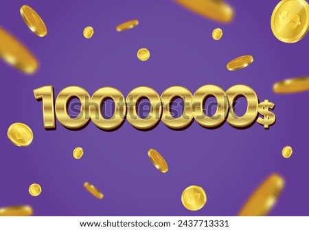 1000000 Dollar gift or offer poster with flying gold coins. One Million Dollars coupon voucher, cash back banner special offer, casino winner. Vector illustration.