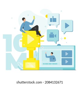 10000000 views, happy video blogger celebrating vlog achievements, flat vector illustration. 10m social media followers, subscribers. Blogging, vlogging.