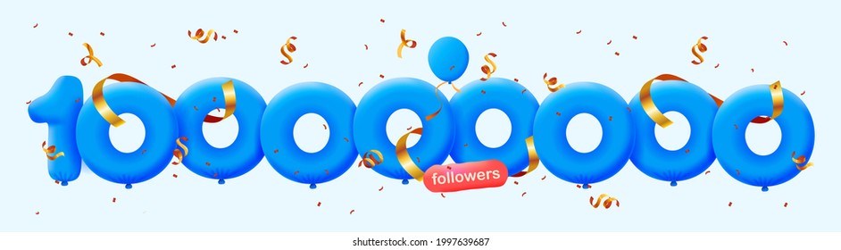 100000000 followers thank you 3d blue balloons and colorful confetti. Vector illustration 3d numbers for social media 100M followers, Thanks followers, blogger celebrates subscribers, likes