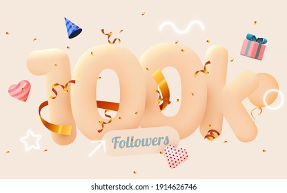 100k or 10000 followers thank you Pink heart, golden confetti and neon signs. Social Network friends, followers, Web user Thank you celebrate of subscribers or followers and likes. Vector illustration svg