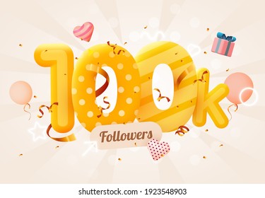 100k o 100000 seguidores gracias al corazón rosado, al confetti dorado y a los signos de neón. Amigos de redes sociales, seguidores, usuarios de la web Gracias a los suscriptores o seguidores y a los que les gusta.