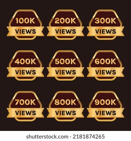 100k to 900k plus views celebration background design set vector, 100k views thank you