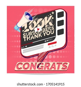 100k followers banner. Congratulations thank you with megaphone 100k subscribers design template on designer background. Vector illustration.