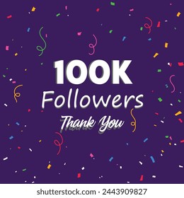 100k followers card banner template for celebrating many followers in online social media networks.