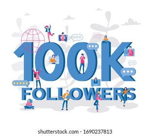 100k followers. Congratulating networking thanks, networking, Vector illustration for web banner, infographics, mobile.  net friends, customers 100000 sign.  Smiling people, 