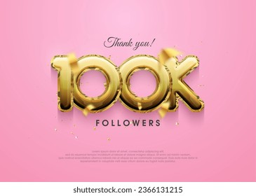 100k followers design, with luxury gold numbers for greetings on social media posts. Premium vector background for achievement celebration design.