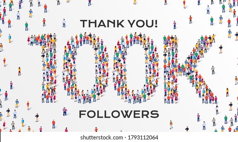 100K Followers. Group of business people are gathered together in the shape of 100000 word, for web page, banner, presentation, social media, Crowd of little people. Teamwork. Vector illustration svg