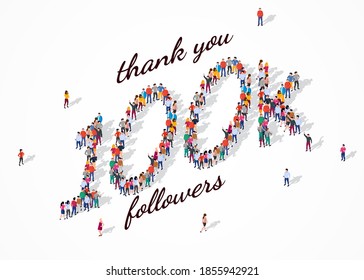 100K Followers. Group of business people are gathered together in the shape of 100000 word, for web page, banner, presentation, social media, Crowd of little people. Teamwork.