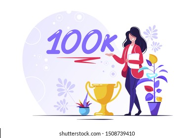 100K Followers Isometric Vector Concept, Group of business people are gathered together in the shape of 10000 word, for web page, banner, presentation, social media, Crowd of little people. teamwork