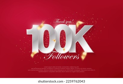 100k followers with luxurious silver numbers on a red background. Premium vector for poster, banner, celebration greeting.