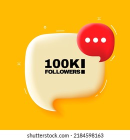 100.000 seguidores. Burbuja de voz con texto de 100K Seguidores. 3 quinquies ilustración. Estilo de arte pop. Icono de línea de vector para negocios y publicidad.
