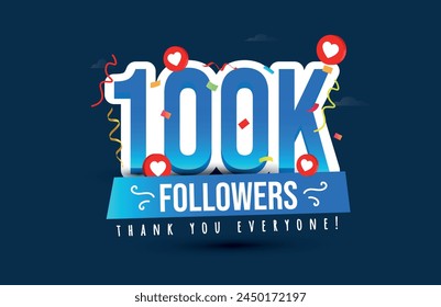 100k Followers, Subscribers social media colourful post.. Thank you for 100k subscribers, followers on social media. 1000000 subscribers thank you, celebration banner with heart and confetti svg