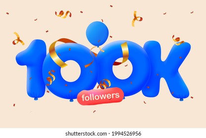 100K followers thank you 3d blue balloons and colorful confetti. Vector illustration 3d numbers for social media 100000 followers, Thanks followers, blogger celebrates subscribers, likes