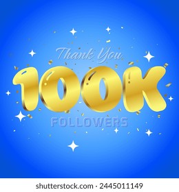 100K FOLLOWERS THANK YOU CARD. GOLDEND NUMBER CELEBERATION ON COMPLETION OF 100000 FOLLOWERS WITH BLUE BACKGROUND 