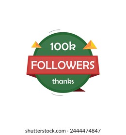 100k followers thank you label badge vector editing. 1k followers label isolated on white background. Editable EPS file in green and red colors theme.