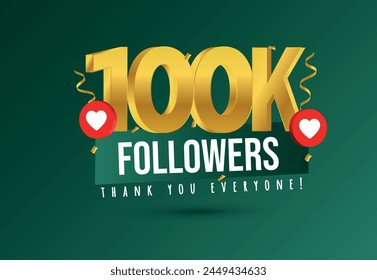 100k followers. Thank you for 100k followers on social media. 1000000 followers thank you, celebration banner with heart icons, confetti on royal green background. svg