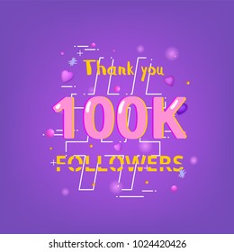 100K Followers thank you phrase with random items. Template for social media post. Glitch chromatic aberration style.  100000 subscribers banner. Vector illustration.