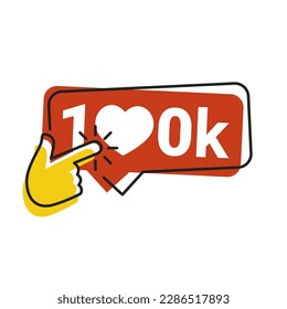 100k icon likes. 100k counter notification icon. Follower. Button, ui, web. 100000 social media likes. Hand click finger icon vector