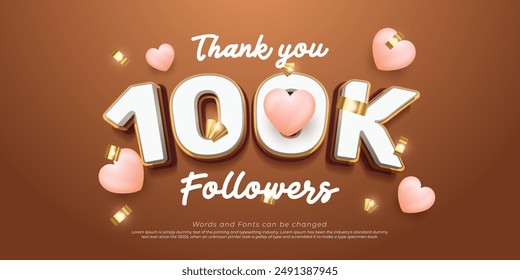 100k social media followers and subscribers with editable font glossy style effect