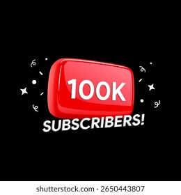 Banner 100K Subscribers (Assinantes 100K). Cem mil seguidores. Realização de blog em mídias sociais. Marco do vídeo vlog. Crachá de status do criador de conteúdo. Design de ilustração vetorial.
