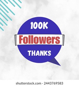 100k thank you follower label badge with blue, red and white color theme. Vector greeting art work isolated on a white background.