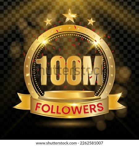 100M Followers Logotype with Gold and red Confetti Isolated on Black Background (PNG), Vector Design for Greeting Card and Social Media.