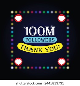 100M followers thank you greeting card with colorful lights on dark background. Colorful design for social network, social media post background template. svg