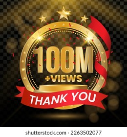 100M+ Views Logotype with Gold and red Confetti Isolated on Black Background(PNG), Vector design for video display celebration.