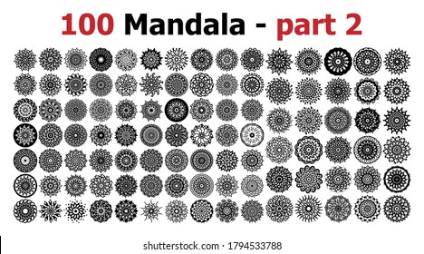 100-Mandala ornaments. Round pattern set.
Templates with doodle tribal mandalas.
illustration line art ornate brochure.