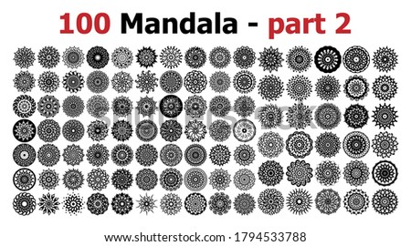 100-Mandala ornaments. Round pattern set.
Templates with doodle tribal mandalas.
illustration line art ornate brochure.