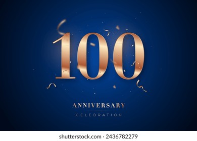 100st Anniversary celebration greeting card. Rose Gold metallic Number 100 with sparkling confetti on dark blue background. Design template for birthday or wedding party event decoration.