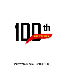 100th Anniversary abstract vector logo. One hundred Happy birthday day icon. Black numbers witth red boomerang shape with yellow text 100 years.