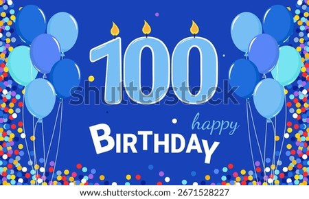 100th anniversary. Blue background with blue numbers, candles and balloons. Happy birthday.