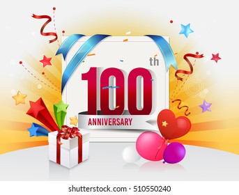 100th anniversary celebration with colorful confetti and balloon with shiny yellow background