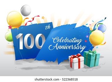 100th anniversary celebration with colorful confetti and balloon on blue background with shiny elements. design template for your birthday party.
