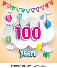 100th Anniversary Celebration Design, with clouds and balloons. using Paper Art Design Style, Vector template elements for your, one hundred years birthday celebration party.