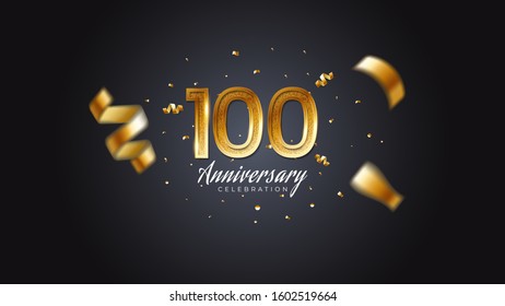 100th anniversary celebration Gold numbers with dotted halftone, shadow and sparkling confetti. modern elegant design with black background. for wedding party event decoration. Editable vector EPS 10