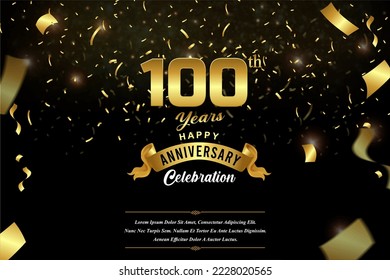 100th anniversary celebration Gold numbers with dotted halftone, shadow and sparkling confetti. modern elegant design with black background. for wedding party event decoration.