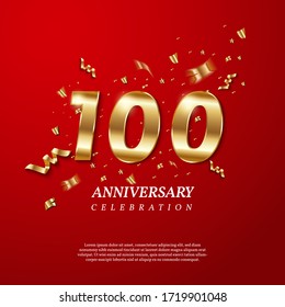 100th Anniversary celebration Golden number 100 with sparkling confetti, stars, glitters and streamer ribbons on red background. Vector festive illustration. Birthday or wedding party event decoration