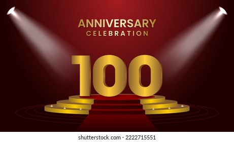 100th Anniversary Celebration With golden stage. Modern and luxurious design template for celebration event, wedding, greeting card, and invitation. Vector illustration