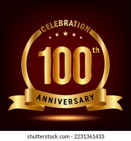 100th Anniversary Celebration. Anniversary Celebration Logo Design with Golden Ring and Ribbon, Vector Template Illustration