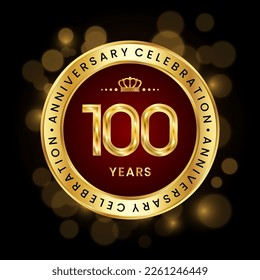 100th Anniversary Celebration. logo design with golden number and ring for birthday celebration event, invitation, greeting card, banner, poster, flyer, brochure, book cover. Logo Vector Template