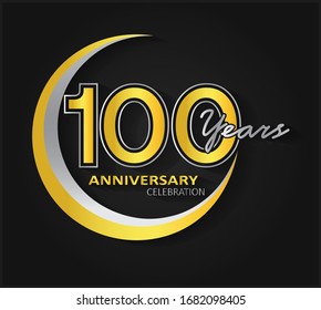 100th anniversary celebration. Anniversary logo with ring silver and gold color isolated on black background, vector design for celebration, invitation card, and greeting card