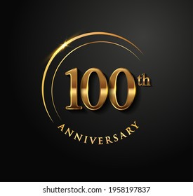 100th Anniversary Celebration. Anniversary logo with ring and elegance golden color isolated on black background, vector design for celebration, invitation card, and greeting card.