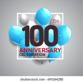 100th anniversary celebration logotype. anniversary logo with balloon in white rectangle.  Vector design for celebration, birthday, party, festival, invitation card, and greeting card