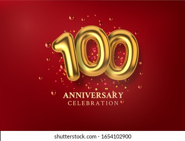 100th Anniversary celebration. Number in the form of golden balloons. Realistic 3d gold numbers and sparkling confetti, glitters. Horizontal template for Birthday or wedding event. Vector illustration