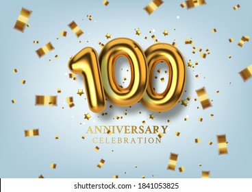 100th Anniversary celebration. Number in the form of golden balloons. Realistic 3d gold numbers and sparkling confetti, serpentine. Horizontal template for Birthday or wedding. Vector illustration