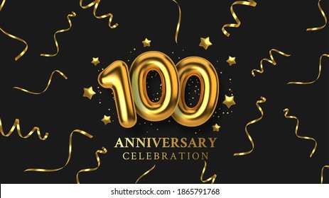 100th Anniversary celebration. Number in the form of golden balloons. Realistic 3d gold numbers and sparkling confetti, serpentine. Horizontal template for Birthday or wedding event. Vector