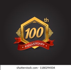 100th anniversary design logotype style with golden hexagon, ornament and red ribbon for use in celebration event.